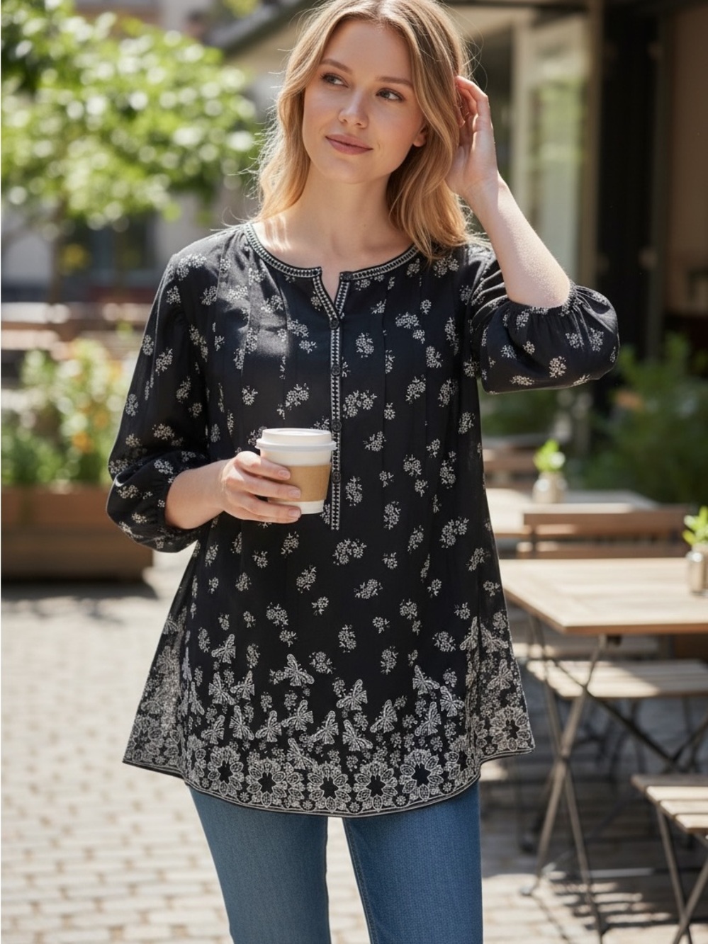 Max Studio Black Floral Split-Neck Tunic Top
